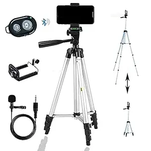 PKST 3110 Combo Tripod with Selfi Remote and Collar Mic 1.5 Meter Long, Mobile Stand Holder, Fold-able, Portable Adjustable, Aluminium Body with Smartphone Bracket Clip