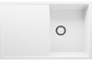 Evier Cuisine en Granit Blanc, 78 x 50 cm, Lavabo 1 bac + Kit de Vidage, Évier à Encastrer de Primagran