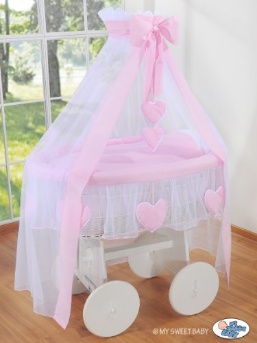 BEAUTIFUL NEW BEDDING SET ONLY FOR BABY WICKER CRIB BASSINET IN WHITE / PINK COLOUR WITH DRAPE