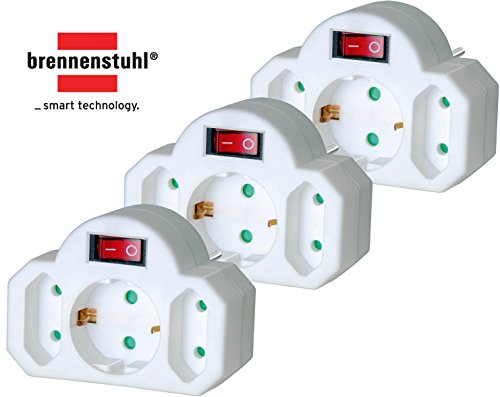 3 Stück Brennenstuhl Mehrfachsteckdose, Steckdosenadapter 3-fach mit Schalter zum Stromsparen (2 x Eurosteckdose & 1 x Schutzkontakt) Farbe: weiß