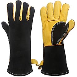 KIM YUAN Gants de Soudure en Cuir Extrêmement Chauds et Ignifuges avec Coutures en Kevlar pour Cheminées, Fours, Soudure, Cuisson, Manipulation, Noir 14 Pouces