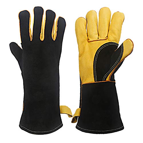KIM YUAN Gants de Soudure en Cuir Extrêmement Chauds et Ignifuges avec Coutures en Kevlar pour Cheminées, Fours, Soudure, Cuisson, Manipulation, Noir 14 Pouces