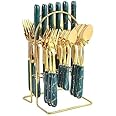 MERISH Spoon Fork & Knife Set - Cutlery Set with Stand - Gold Plated | Stainless Steel - 24 Pcs (Green)