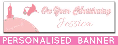 Personalised Banner Cute Baby Christening 40" x 11" (C-GIRL-3-S)