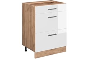 ‎VICCO Vicco Küchenunterschrank R-Line, Weiß Hochglanz/Goldkraft Eiche, 60 cm mit Schubladen, ohne Arbeitsplatte