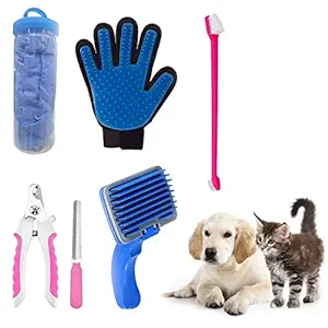 PoochBox 5 in 1 Dog Grooming Kit - Pack of Nail Cutter Filer | Glove | Toothbrush | Auto Slicker | Towel