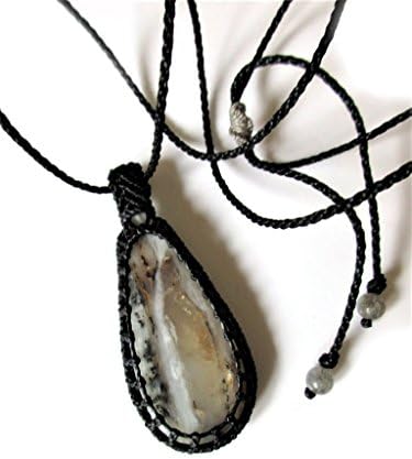 Agate Macramé Black Pendant jewellery handmade with natural white agate stone cabochon 50mmX22mm Réf.Pen10