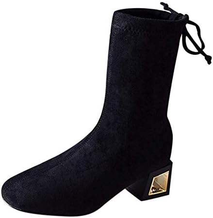 Qiusa Ladies Cushion Walk Faux Suede Warm Faux Fur Lined Casual Comfort Ankle Boot,?Women Fashion Solid Flock Thick High Heel Metal Martin Boots Round Toe Shoes, (Color : Black, Size : 3.5 UK)