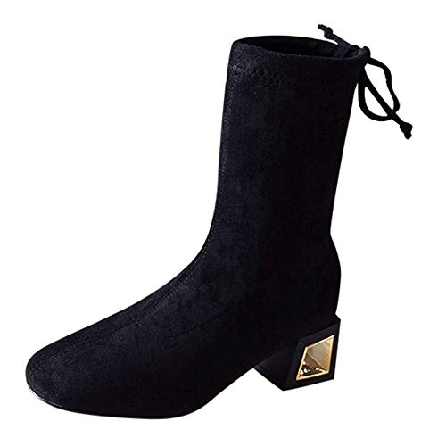 Qiusa Ladies Cushion Walk Faux Suede Warm Faux Fur Lined Casual Comfort Ankle Boot,?Women Fashion Solid Flock Thick High Heel Metal Martin Boots Round Toe Shoes, (Color : Black, Size : 3.5 UK)