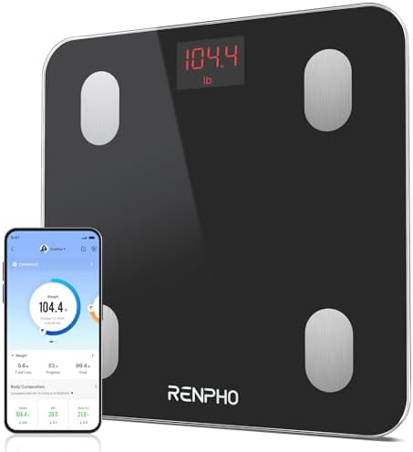 RENPHO Bilancia Pesapersone Digitale Professionale, Bilancia Impedenziometrica in Vetro Temperato, 27x27 cm, Max 180kg, Ultrasottile, Funzioni Intelligenti, Nero