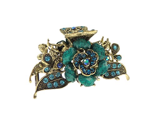 Beautiful Ladies Vintage Gold Tone Chunky Metal Hair Claw Clamp Rose Turquoise