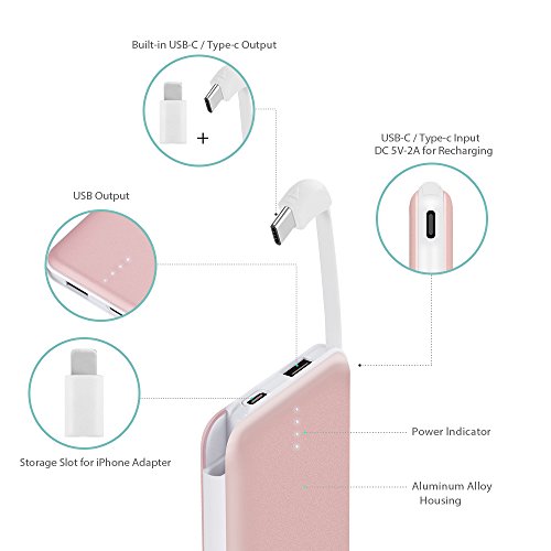 Moxnice Batterie Externe 10000mAh Power Bank Petit Chargeur Portable Rapide et Portable de Batterie avec USB C C  ble Int  gr   pour iPhone Android Samsung Galaxie Huawei iPad Tablette-Rose