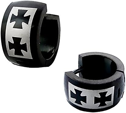 Pair of Small Iron Cross Huggie Hoop Earrings - Surgical Stainless Steel with Black Electroplating