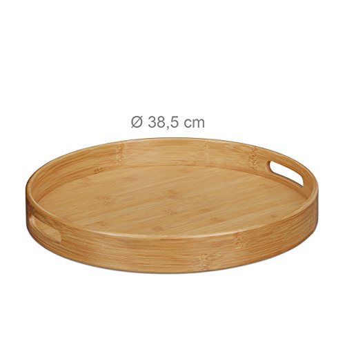 Relaxdays Serviertablett Bambus rund, erhöhter Rand, Gastrotablett, Grifflöcher, HxBxT: 5 x 38,5 x 38,5 cm, Holz, natur - 2