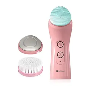 Havells SC5070 Facial Cleanser, with 3 Heads for Exfoliation, Cleaning and Iontophoresis, Smart Alert to Assist Usage, Rechargeable (Pink)