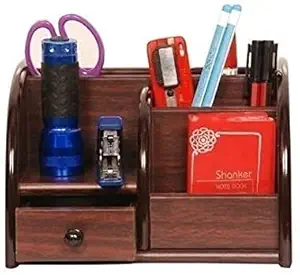 RIGJAK Wooden Pen Stand Big Size with Drawer, Mobile Holder & Remote Stand for Office Desk, Table Accessories All in One Multipurpose Desk Organizer