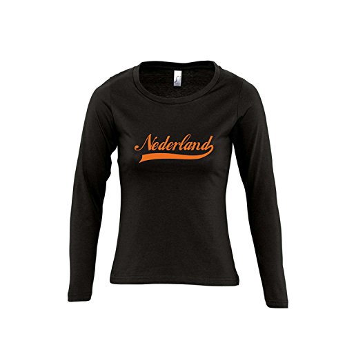 Nederland Oldschool Holland Oranje LÄNDERSHIRT EM / WM FAN Trikot – Damen Langarm Longsleeve T-Shirt S-XL , Deep black – orange , XL