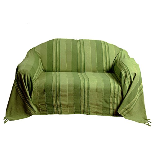 Homescapes - Morocco Textured Stripe Throw - 90 x 100 Inches - Green - Handmade 100% Cotton - Suitable for most 3 Seater Sofas - Double King bedspreads - Easy care washable at home