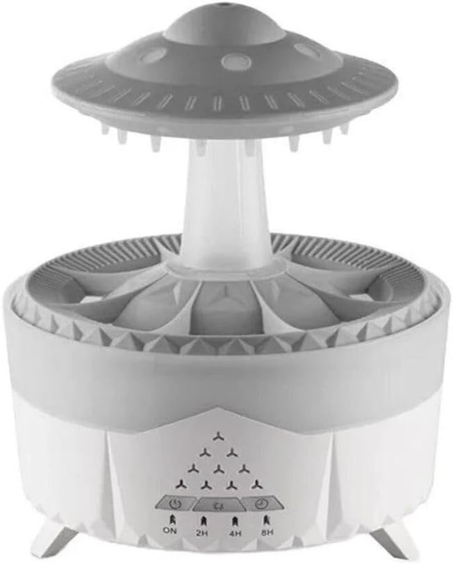 UFO Yağmur Efektli Hava Nemlendirici – Ultrasonik Buhar, Sessiz Çalışma, 7 Renk LED Işık, Zaman Ayarlı (2H/4H/8H), Otomatik Kapanma, Aromaterapi Uyumlu