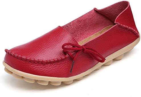 Ifashion Women's Driving Shoes Cowhide Leather Loafers Moccasins Lace-Up Pumps Causal Flats Boat Shoes Red 9