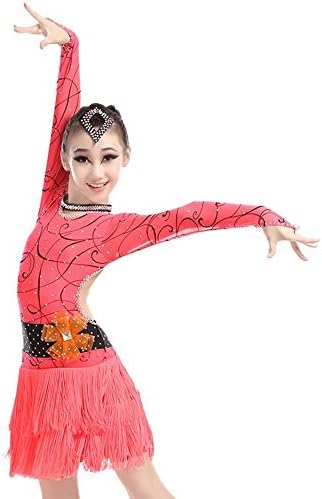 YI WOELD Woman Latin Dance clothing Girl tassel Long sleeves Net yarn gymnastics dress Pink red green , red , 140cm