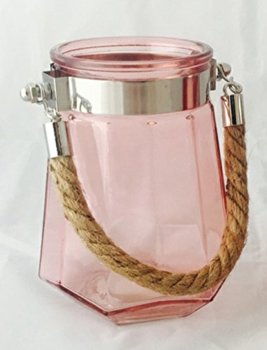 Windlicht Teelichthalter rosa oder rot 2 Farben zur AUSWAHL 14 cm hoch aus Glas mit Kordel • Teelichthalter Gartendekoration Gartendeko (Auswahl Farbe ROSA) - 5