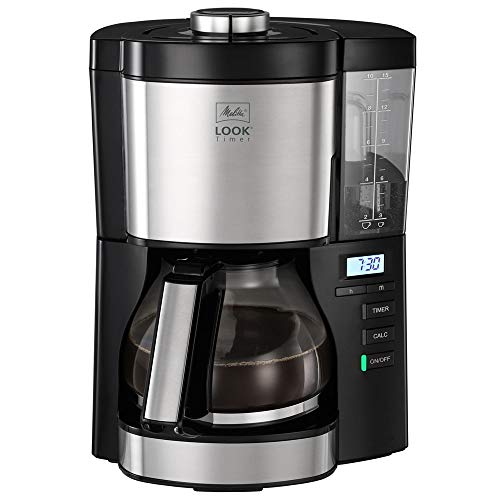 Melitta Look V Timer 1025-08 Cafetière filtre programmable, 10 à 15 tasses, réservoir d'eau amovible et programme de détartrage, Noir / Inox