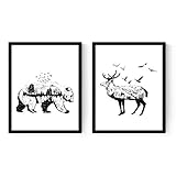 Ξ HECHO EN ESPAÑA Nacnic Set de Dos láminas Estilo nórdico para enmarcar. Compuesto por lámina Oso y lámina Ciervo. Blanco y Negro. Tamaño A3. Papel 250 gr y tintas