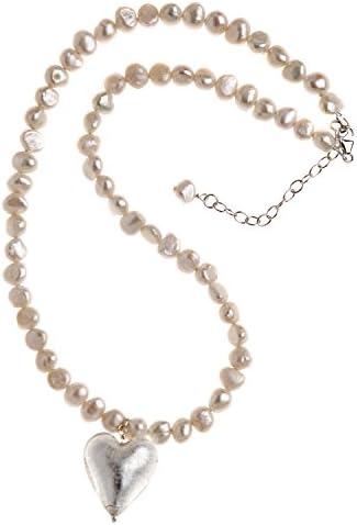 Amanti Venezia Freshwater Pearl and Silver Murano Heart Necklace of Length 40 - 46 cm
