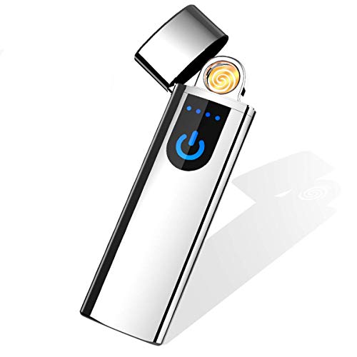 Fypo Encendedor eléctrico USB, Resistente al Viento, sin Llama, con Pantalla táctil, Viene en una Caja de Regalo (Plata)