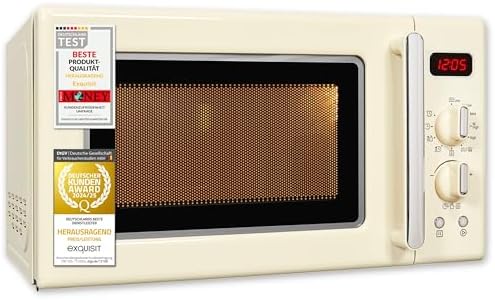 Exquisit RMW720-3GDIG - Microonde retrò, 700 Watt, 25,5 cm, 20 l, 5 livelli di potenza, timer, funzione scongelamento, 2 manopole, colore crema