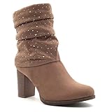  Angkorly - Zapatillas de Moda Botines Flexible Classic Mujer Strass Talón Tacón Ancho Alto 8 CM - Plantilla Forrada de Piel - Caqui F1800 T 39
