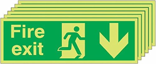 Signs and Labels AMZ6PFX04211M "Fire Exit Run Man Arrow Down" Safe Condition NITE-Glo Safety Sign, Photo luminescent 1.2 mm Rigid Polypropylene, 150 mm Length x 450 mm Width (Pack of 6)
