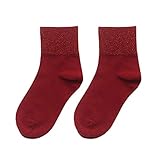 WooCo Verkauf Teenager Frauen Rosa Gold Silber Socken Damen Chic Design Glitter Baumwollsocken Vintage Nähen Lässig Einfachen Stil(Rot,One Size)