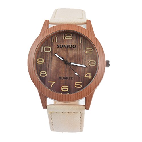 Souarts Damen Retro Holz Streifen Uhr Armbanduhr Quartz Analog mit Batterie Cremefarbig Souarts Damen Retro Holz Streifen Uhr Armbanduhr Quartz Analog mit Batterie Cremefarbig