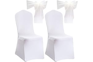 Zasvec Stuhlhussen Weiss 2 Stück Universell Stuhlbezug Husse Hochzeit Stretch Stuhlüberzug Weiße Spandex Stuhlhussen für Esszimmerstühle mit 2 Beige Schleifen für Hochzeit, Bankett und Party