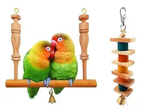 CONODIA Handmade Natural Wooden Bird Swing Hammock with Natural Wooden chew Play Toy for cage Birds (Combo of 2)