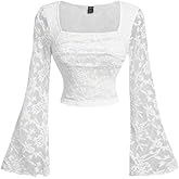 OOTDFY Women's Elegant White Lace Long Sleeve Top, Square Neck Floral Pattern, Fitted Style, Stretch Fabric, Casual (in, Alph