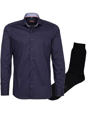 ETERNA Herrenhemd Slim Fit, blau, Uni Stretch, Haifisch Kragen + 1 Paar hochwertige Socken, Bundle