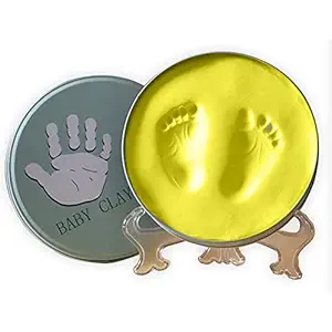 Babies Bloom Clay Handprint and Footprint Solid Wood Photo Frame Round Tin with Stand (Yellow) - (Decorative Items Not Included)