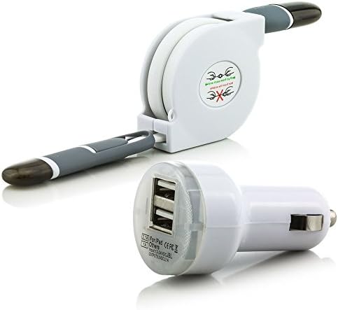 c.d.r. Extendable Retractable 2-In-1 2.0 USB High Speed Car Charger Cable/Data Cable Data/Charging Flat Cable with Dual USB Port car cigarette lighter charger with charging charger adapter for Samsung Galaxy Tab Note in 7 different colours available White