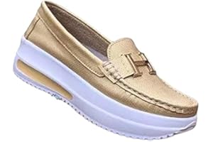 MFLB Mocassins à Plateforme Confortables pour Femmes, Chaussures de Marche à Talon compensé à Bout Rond, Chaussures décontractées à Soutien à 3 Arches et Confort antidérapant (Or,43)