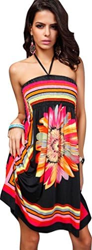 iKneu Womens Baroque Floral Print Island Beach Halter Dress Short Summer Sundress Black01