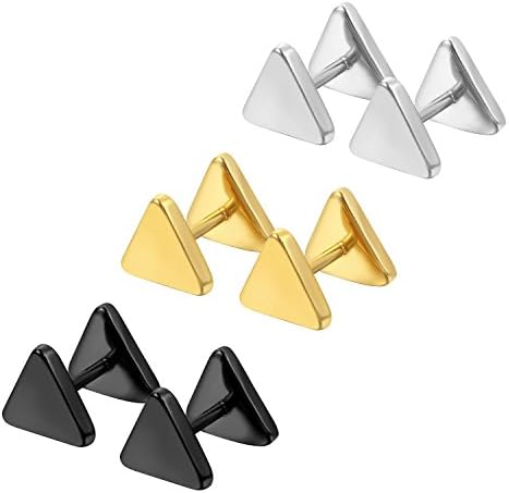 Cupimatch3 Pairs Men Women Cool 8mm Triangle Stainless Steel Piercing Stud Earrings Ear Plug Tunnel