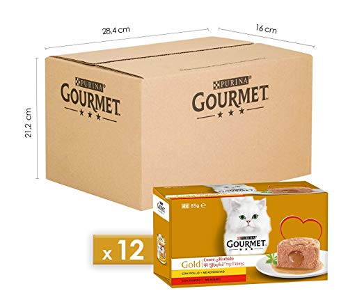 Purina Gourmet Gold Umido Gatto Cuore Morbido con Manzo, Pollo, 48 Lattine da 85 g Ciascuna, 12 Confezioni da 4 x 85 g