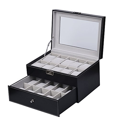 Preisvergleich Produktbild Uhrenbox Uhrenkoffer Herren Frauen Uhrenkasten für 20 Uhren Uhrenschatulle aus Kunstleder Uhrenvitrine in Grau (innen) + Schwarz (außen)