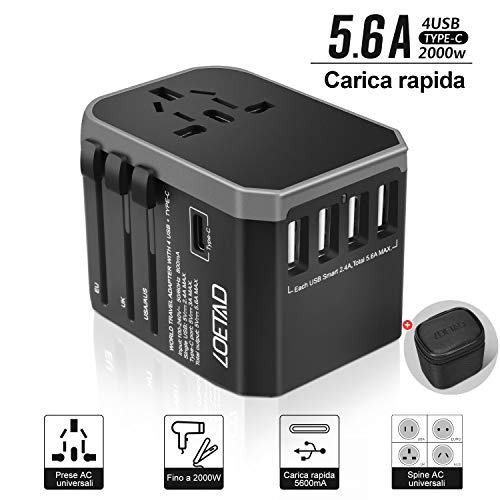 LOETAD Adattatore Universale da Viaggio con 4 Porte USB 3.0 e 1 Interfaccia Type-C Adatto per Apparecchiature da 2000 W per L'utilizzo Negli Stati Uniti, Regno Unito, Europa, Australia, Asia, ecc.