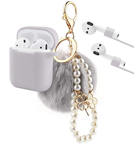 Étui de Airpods, KMMIN Accessoires étanches en Silicone Protection Airpods Peau avec Poignées Crochets Auriculaires Porte-clés Pompon Moelleux Anti-Perte pour Apple Airpod Cas de Charge 1 & 2