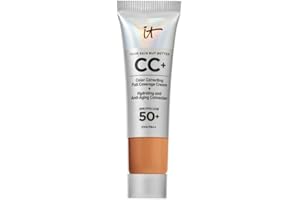 IT Cosmetics CC+ Crème, Fond de Teint Haute Couvrance SPF 50, Correcteur de Teint & Sérum Anti-Âge, Enrichi en Niacinamide & Acide Hyaluronique, Fini Naturel, Tous Types de Peau, 12 ml, Tan