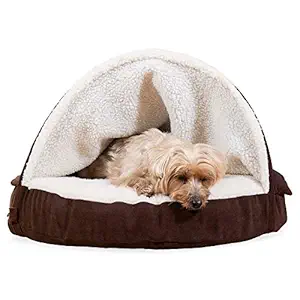Furhaven Pet Dog Bed | Memory Foam Round Faux Sheepskin Snuggery Burrow Pet Bed for Dogs & Cats, Espresso, 26-Inch